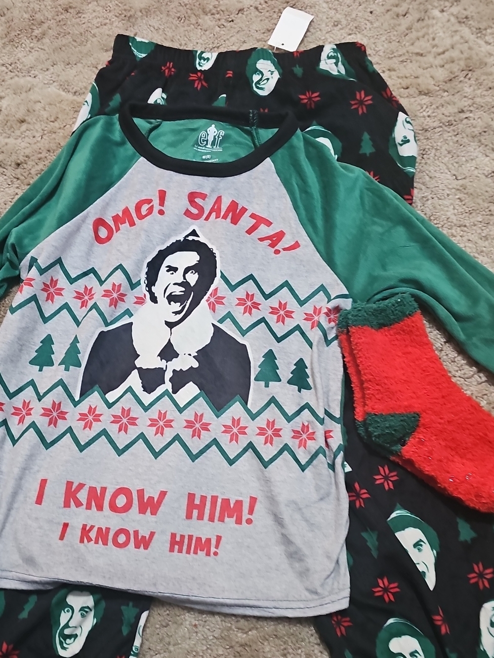 ELF Kids Long-Sleeve Holiday Top in Green, Gray & Red